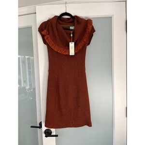 Tracy‎ Reese New York Fringed Collar Dress Size 4 Rust Textured Sheath